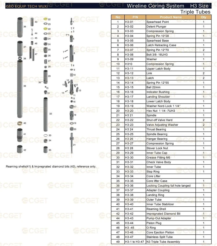 Triple Tube Wireline Coring System H3 Size Triple Tube Wireline Coring System H3 Size